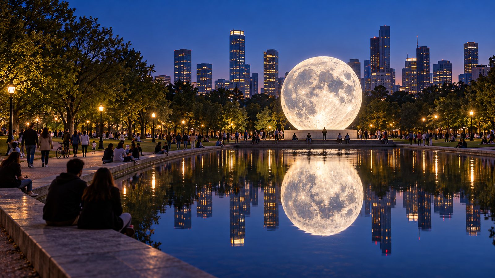 Moonrise — Reflecting pool, city park
